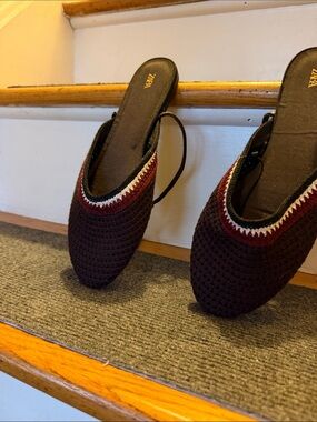 Zara Burgundy Crochet Slip-On Mules with Cream Trim